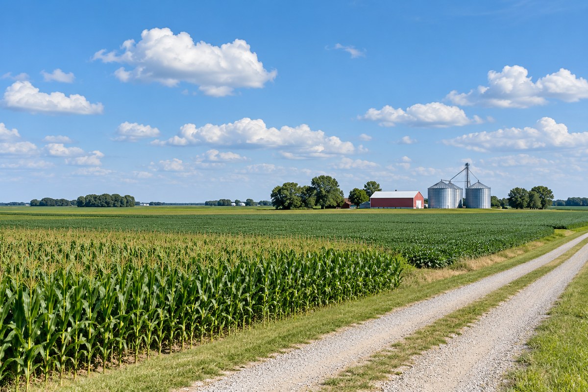 Central Illinois corn and soybean fields with grain bins and a gravel access lane