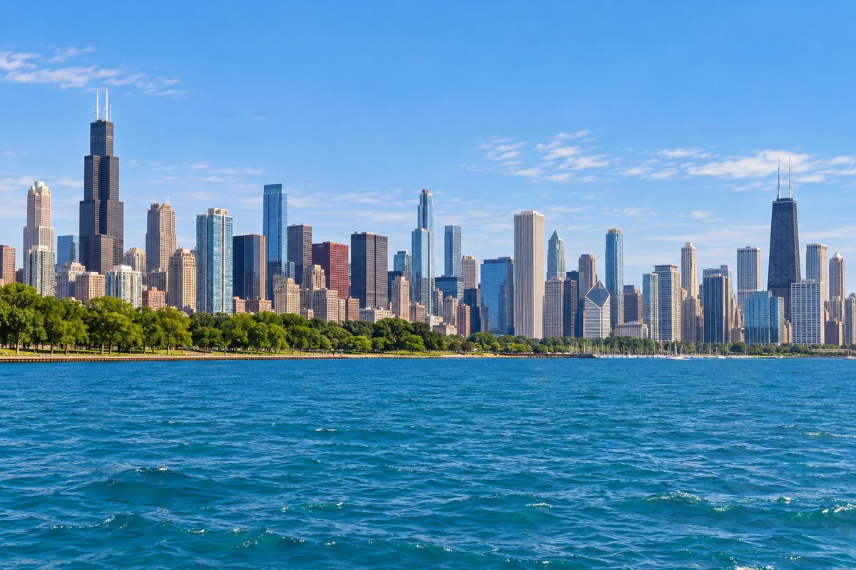 Chicago skyline beyond shoreline trees and the blue water of Lake Michigan