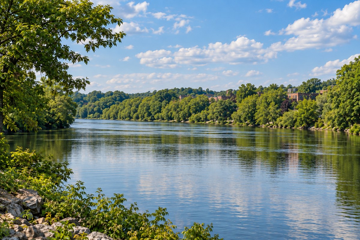 Rock River Valley with wooded banks and brick buildings in the distance