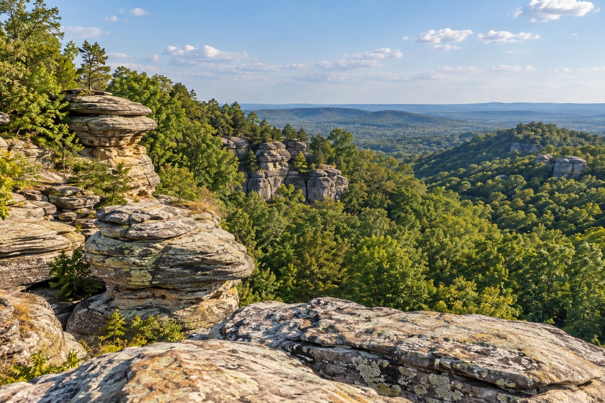 Southern Illinois sandstone bluffs and wooded Shawnee hills above a quiet rural landscape
